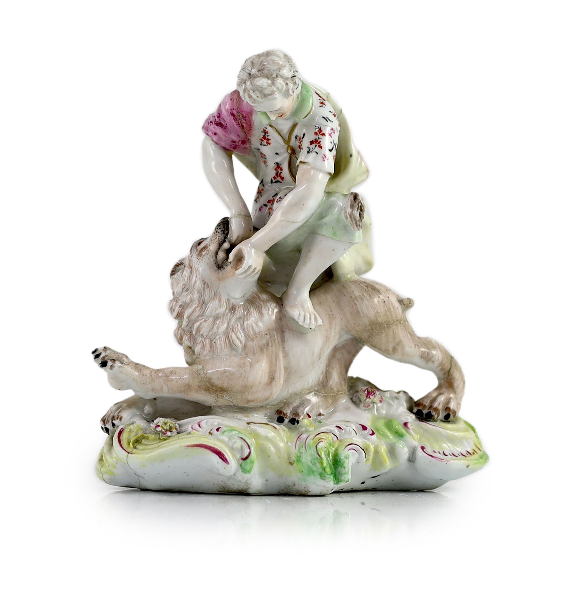 A rare Vauxhall porcelain group of Hercules fighting the Nemean Lion, c.1758, 15.5cm high, old repairs